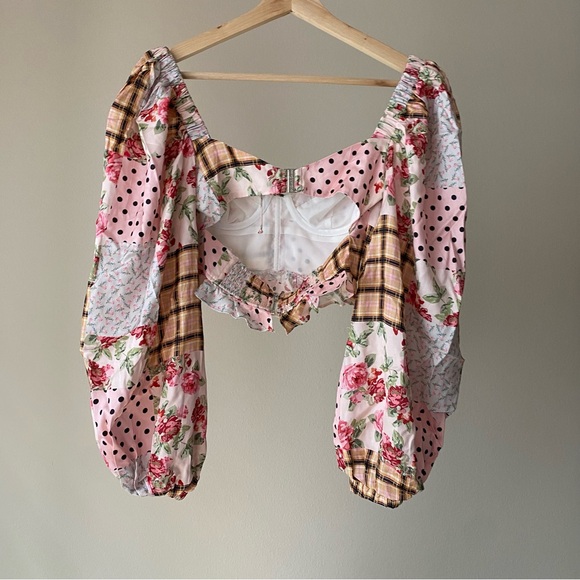 For Love and Lemons Marissa Patchwork Crop Puff Sleeve Shirt Top Size Small S - Picture 8 of 16